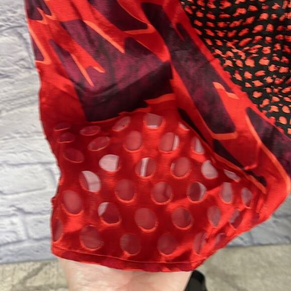 CAbi Red and Black Patchwork Silk Blend Burnout Top - Picture 2 of 10